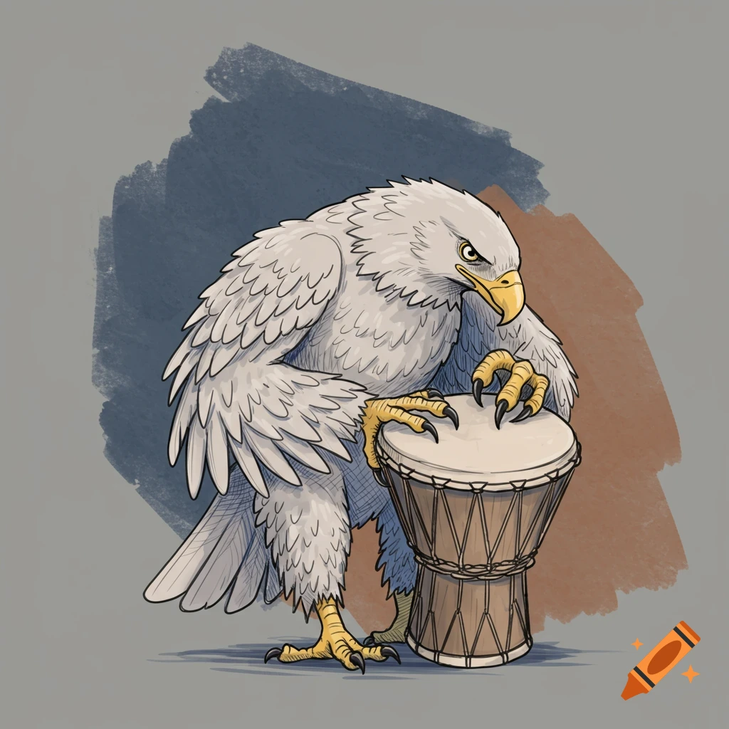 Illustration of an eagle playing a djembe drum.