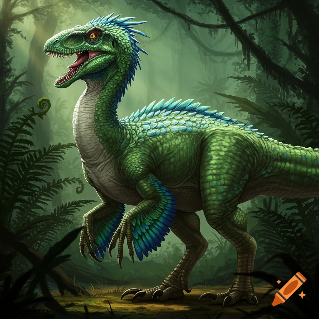 A green and blue hybrid dinosaur in a jungle.