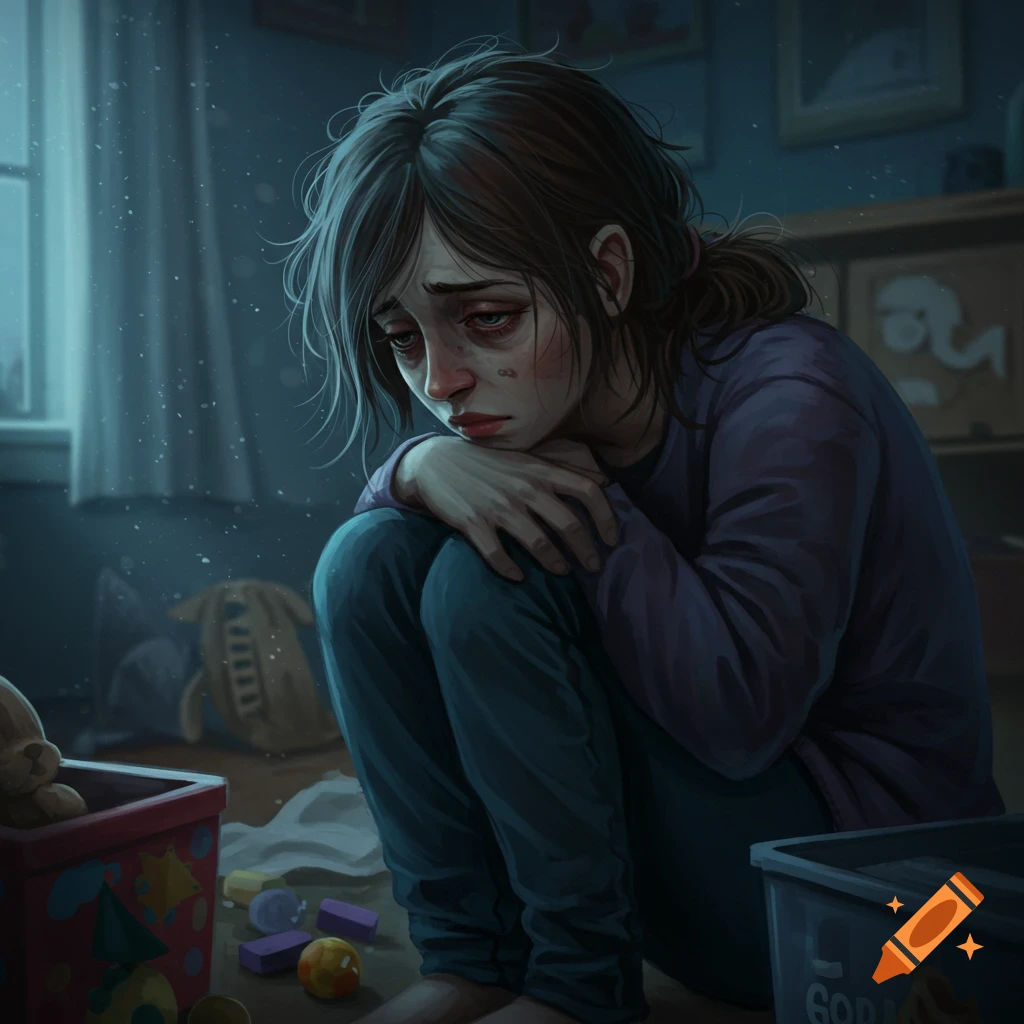 A sad person is crouching in a dark room scattered with toys.