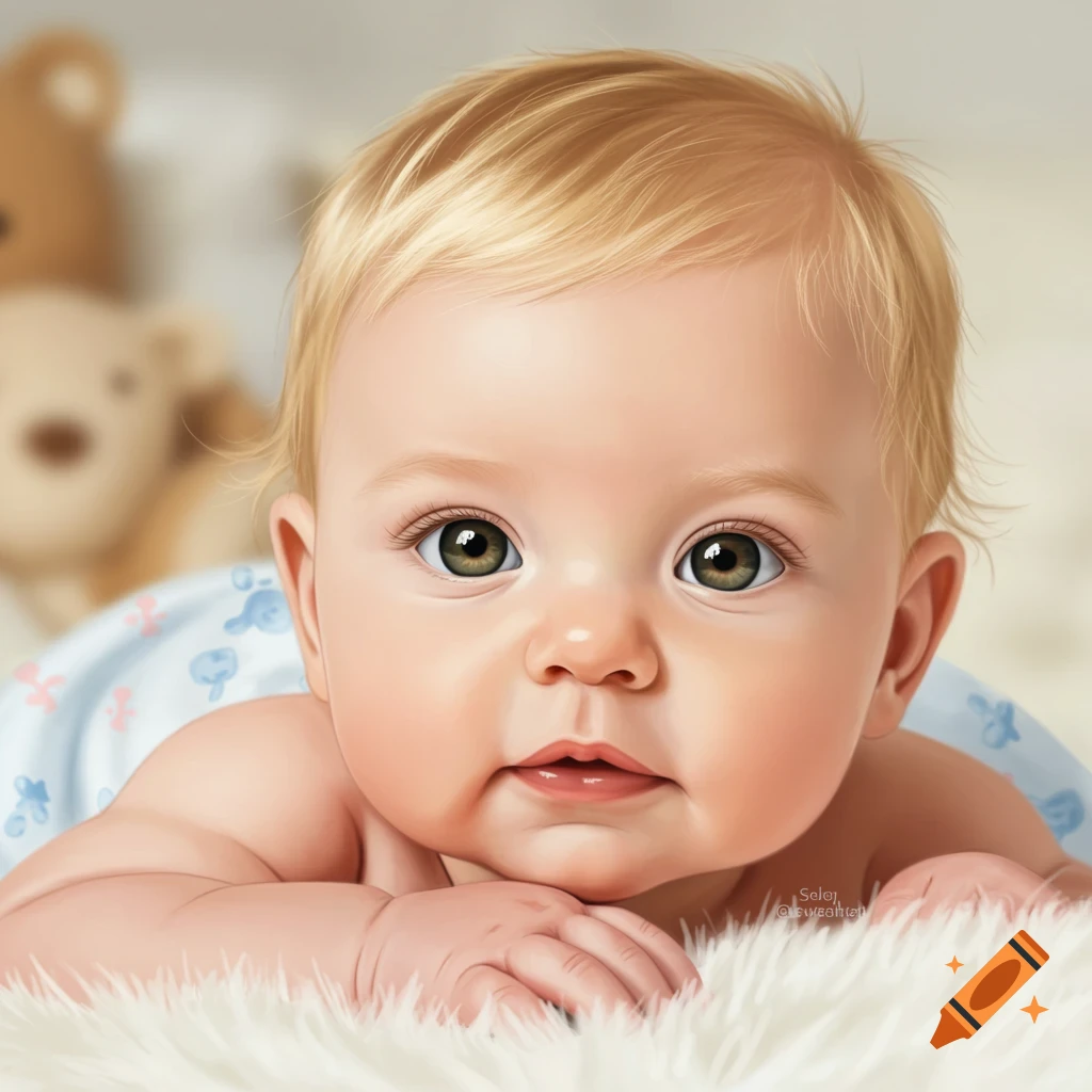 A baby with blonde hair and green eyes is lying on a fuzzy white surface.