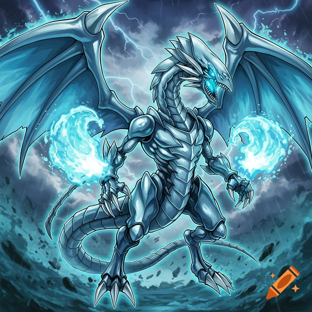 A blue-white metallic dragon with glowing eyes holds energy blasts in a stormy lightning-filled sky.