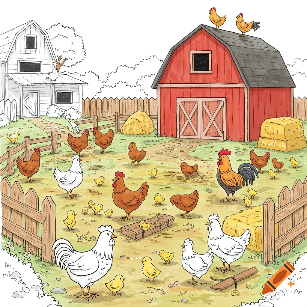 A coloring book style illustration of a barnyard filled with chickens, chicks, and roosters, with barns and hay bales.