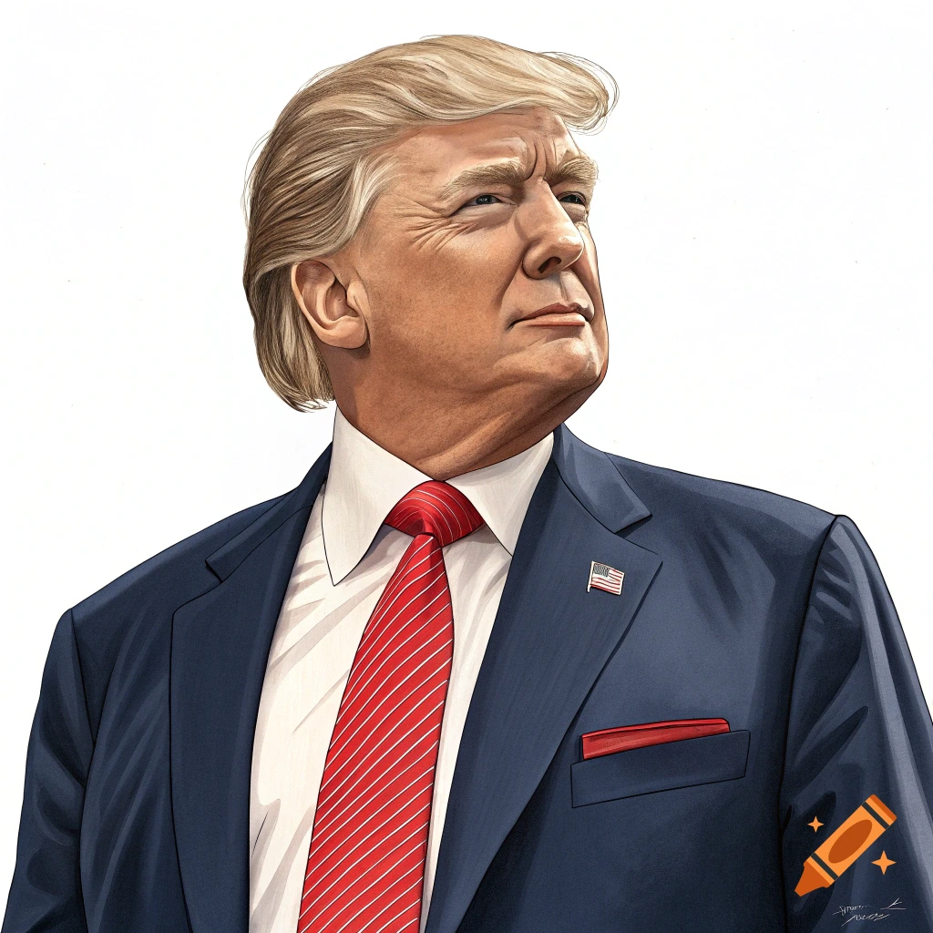 Illustration of Donald Trump in a suit and red tie