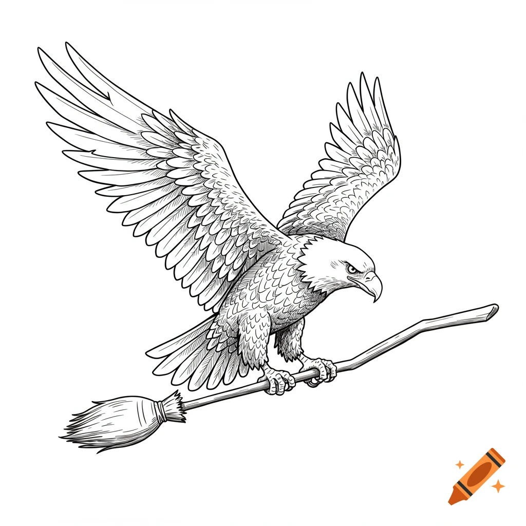 Line drawing of an eagle flying and carrying a broomstick.