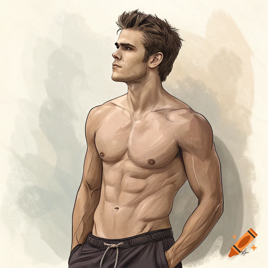 Illustration of a shirtless muscular man looking to the side
