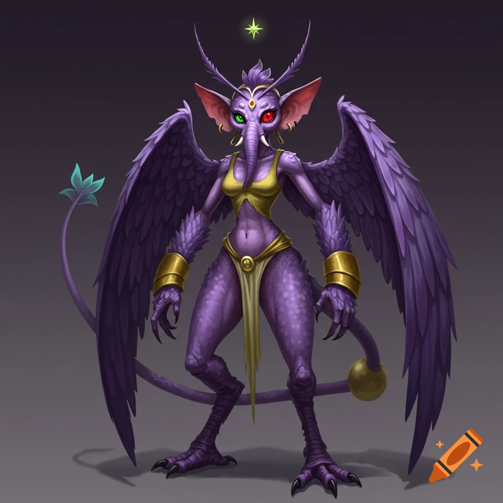 A purple winged creature with elephant ears, a trunk-like beak, one red and one green eye, wearing gold armor.