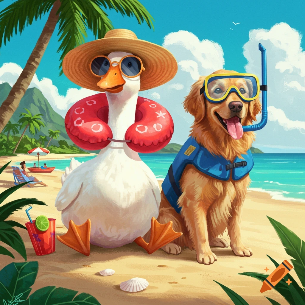 A goose with a straw hat and floatie and a golden retriever with a snorkel and life jacket sit on a beach.