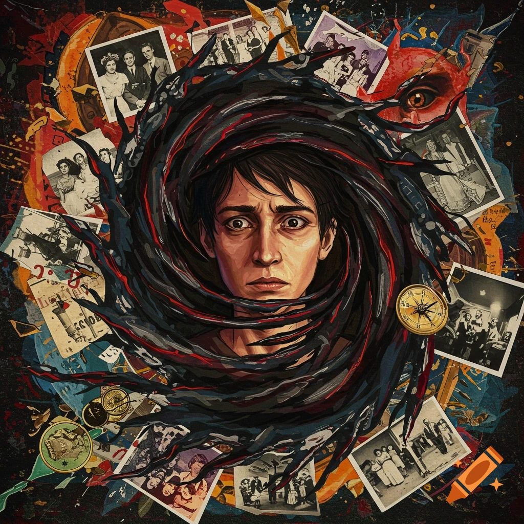 A collage shows a person's face trapped in a dark swirl, surrounded by scattered vintage photographs and objects.