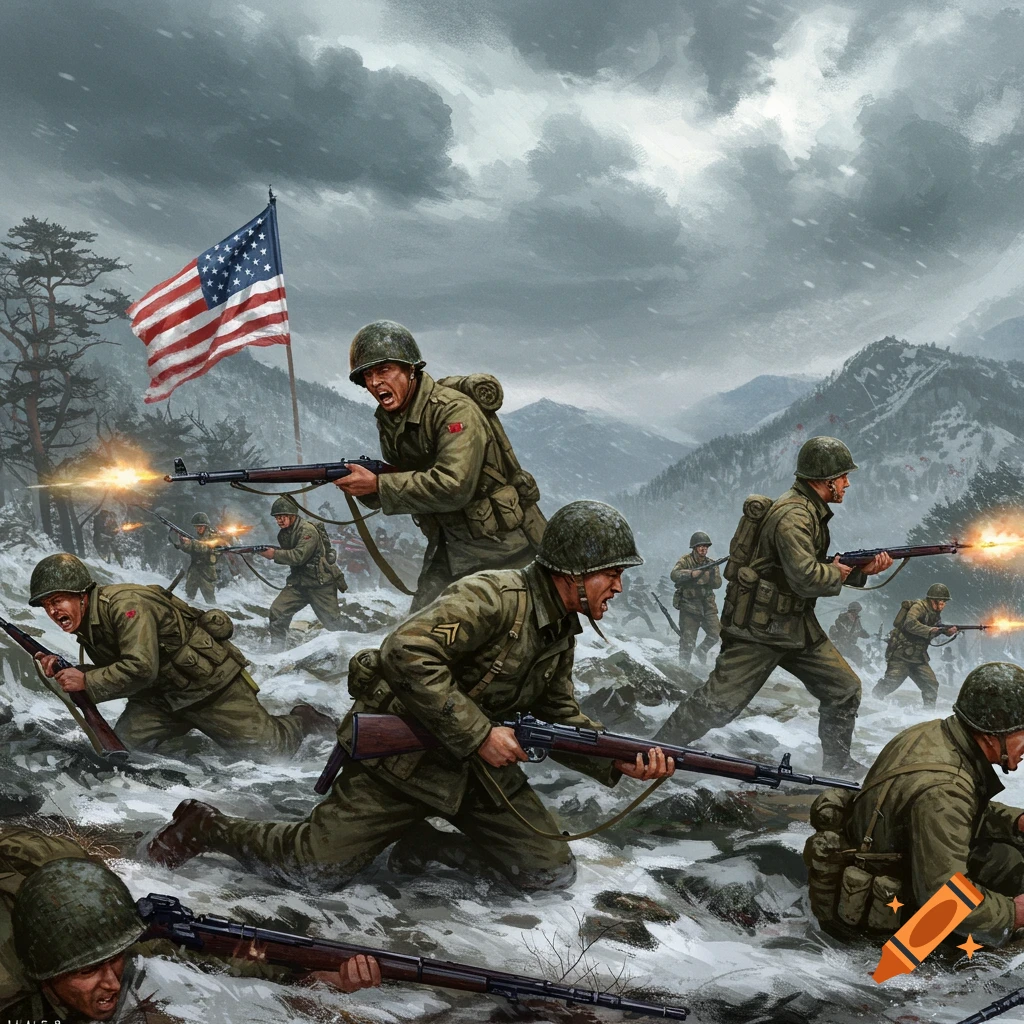 US soldiers fighting in the snow under an American flag