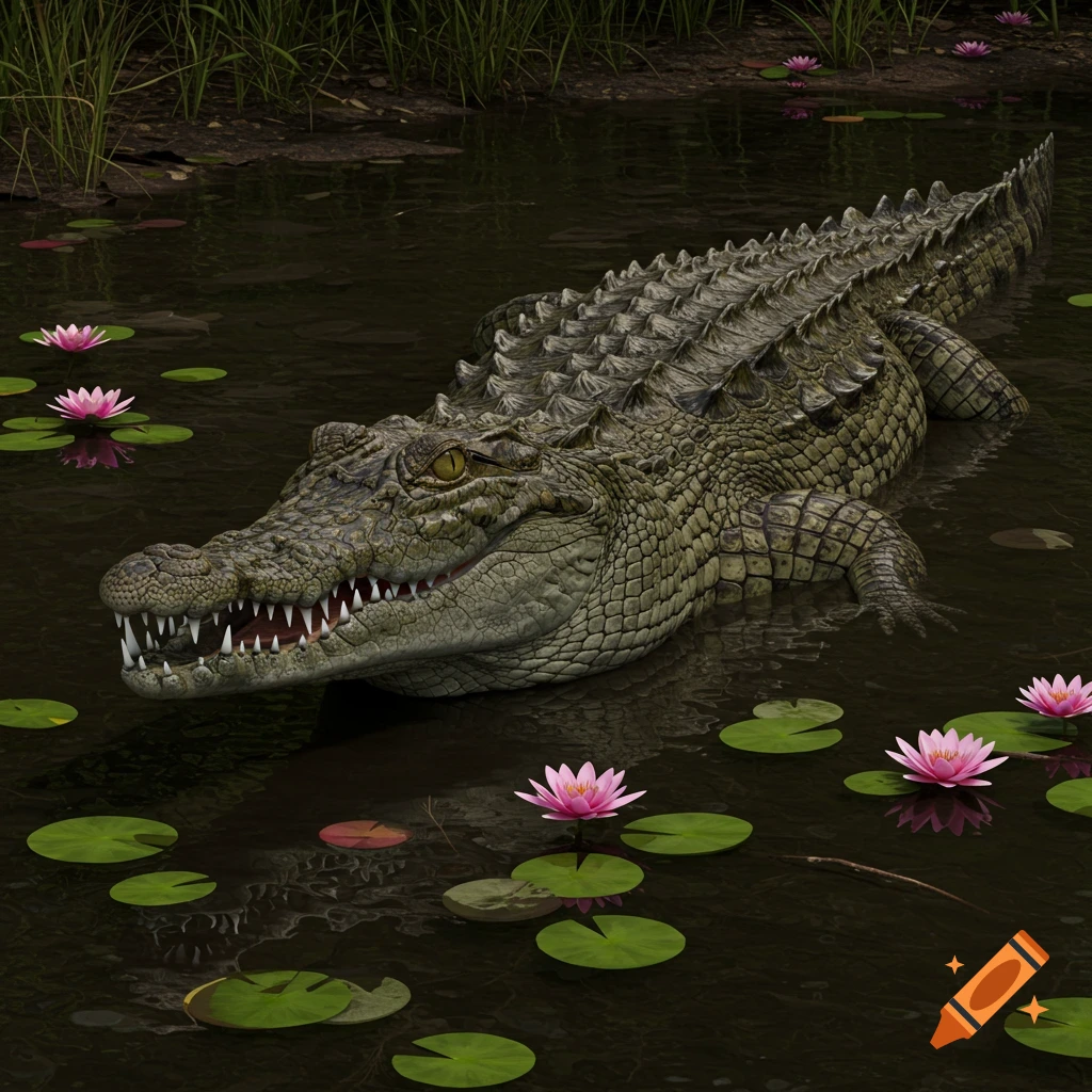 A realistic crocodile rests partially submerged in dark water surrounded by pink water lilies and lily pads with tall grass in the background.