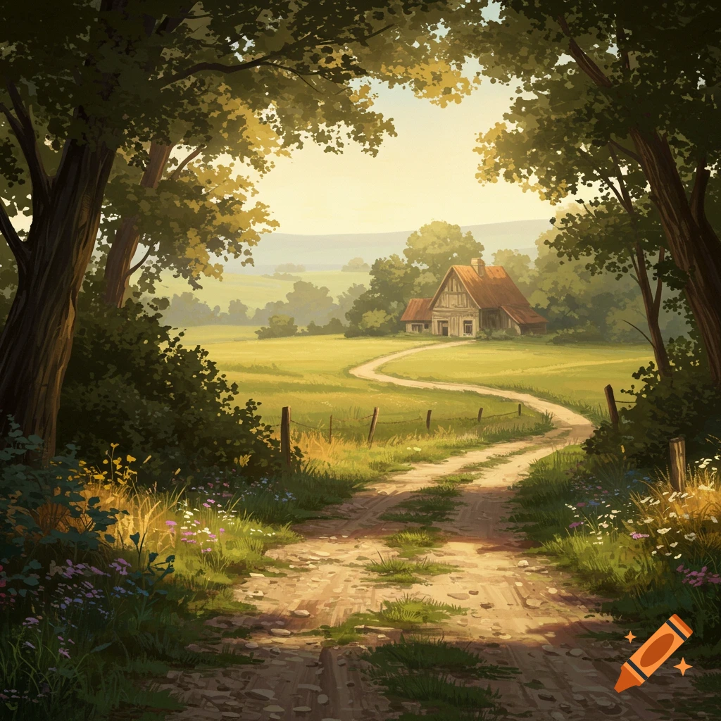 A dirt road winds through a sunlit field towards a house, framed by trees.