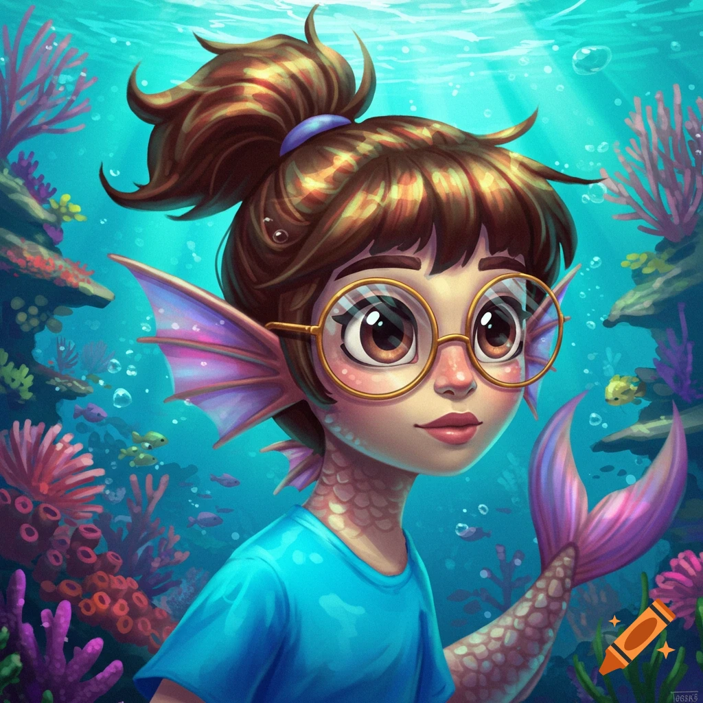 A fish person with glasses, ponytail, blue shirt, and tail underwater.