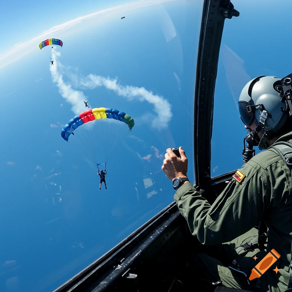 View from a jet cockpit showing a pilot and skydivers with colorful parachutes in the sky.