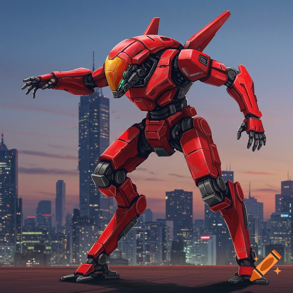 A red mech stands on a rooftop overlooking a city skyline at sunset.
