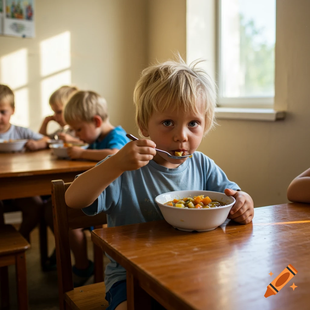 A young boy eats a bowl of soup at a wooden table in a dining hall with other children.