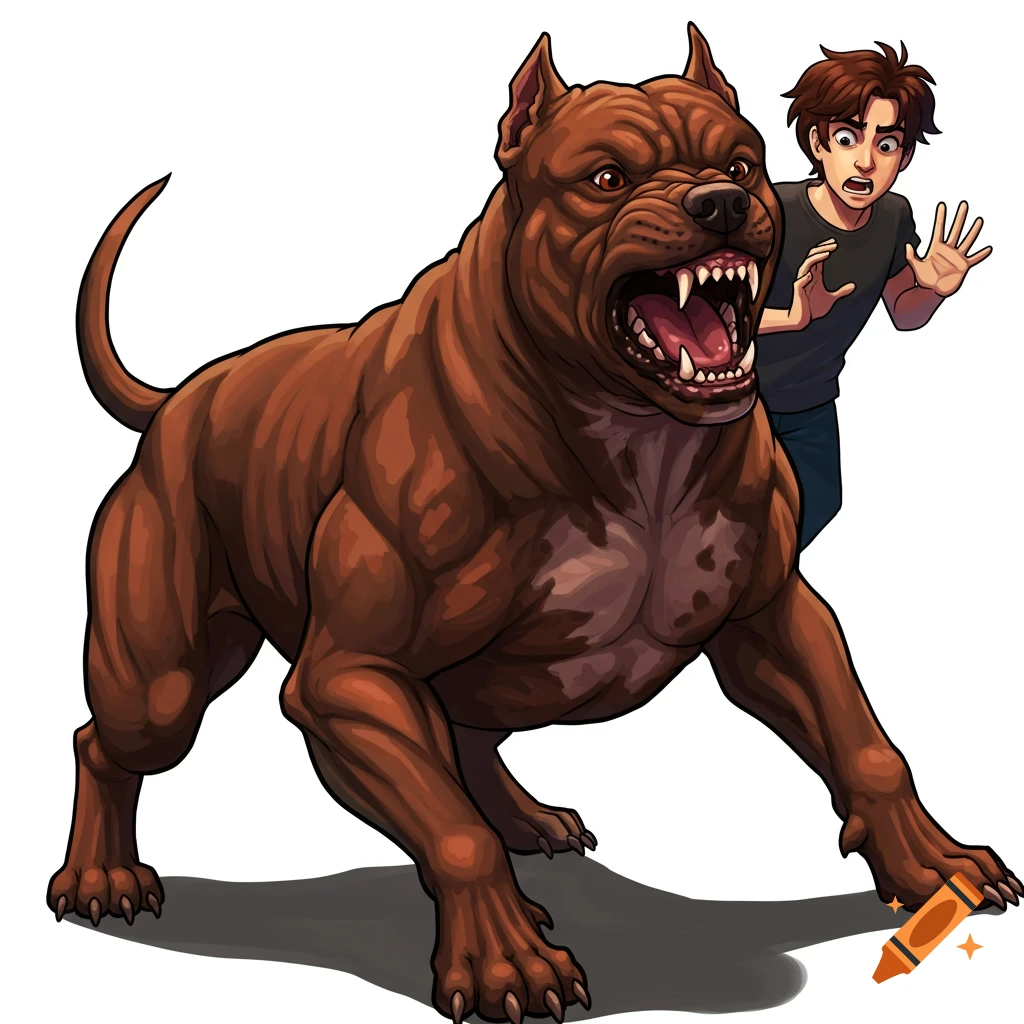 A large, muscular brown dog barking aggressively at a scared person.