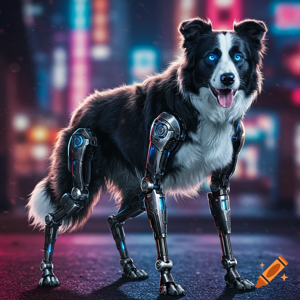 A detailed illustration of a cyborg border collie with robotic legs standing on a street in a city at night.