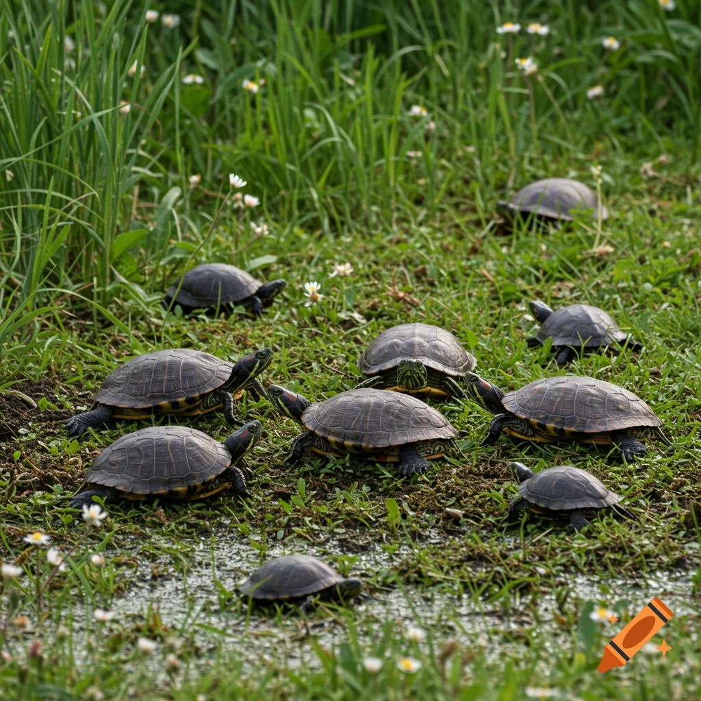Several turtles in grass near a wet patch