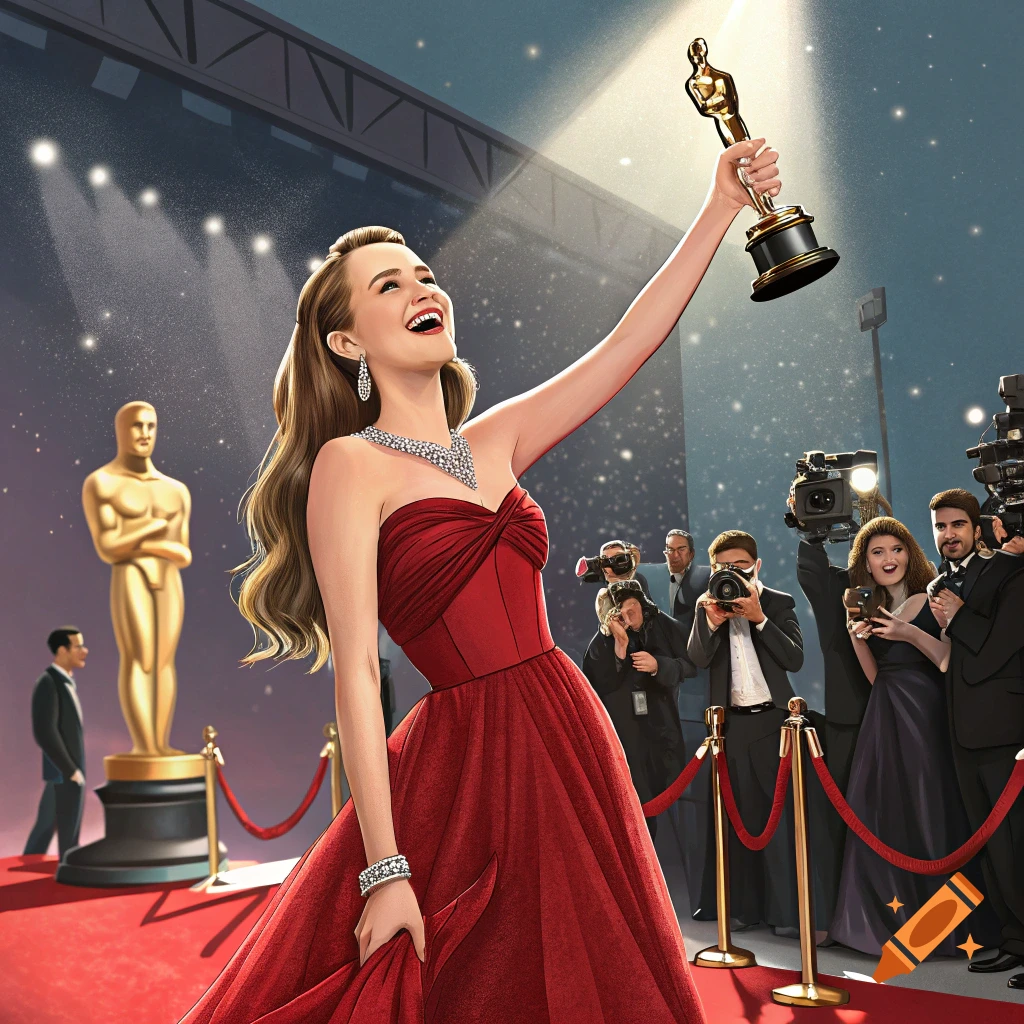 Illustration of a woman in a red dress holding an award on a red carpet with photographers.