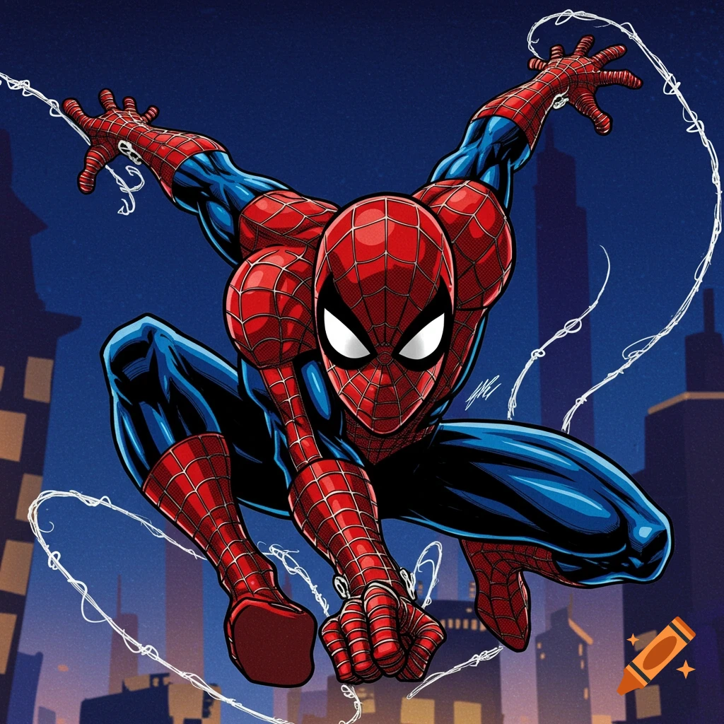 Spider-Man leaping through a city at night