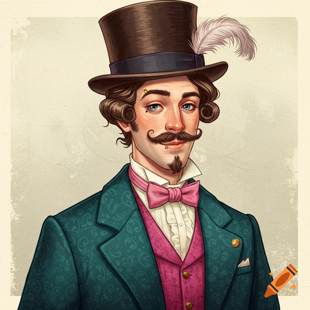 Illustration portrait of a man in a top hat, green suit with a pink waistcoat, and a pink bow tie.