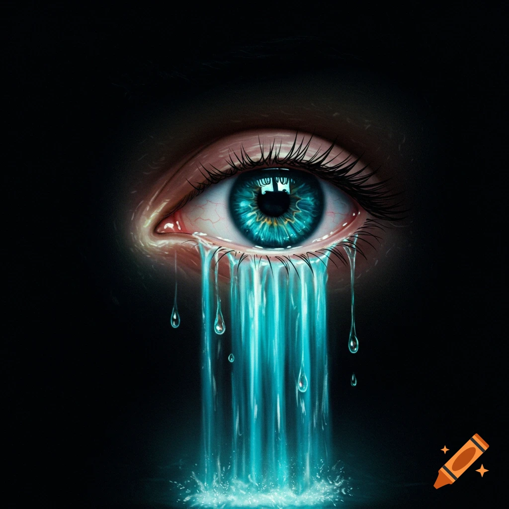 A blue eye crying a bright blue waterfall.