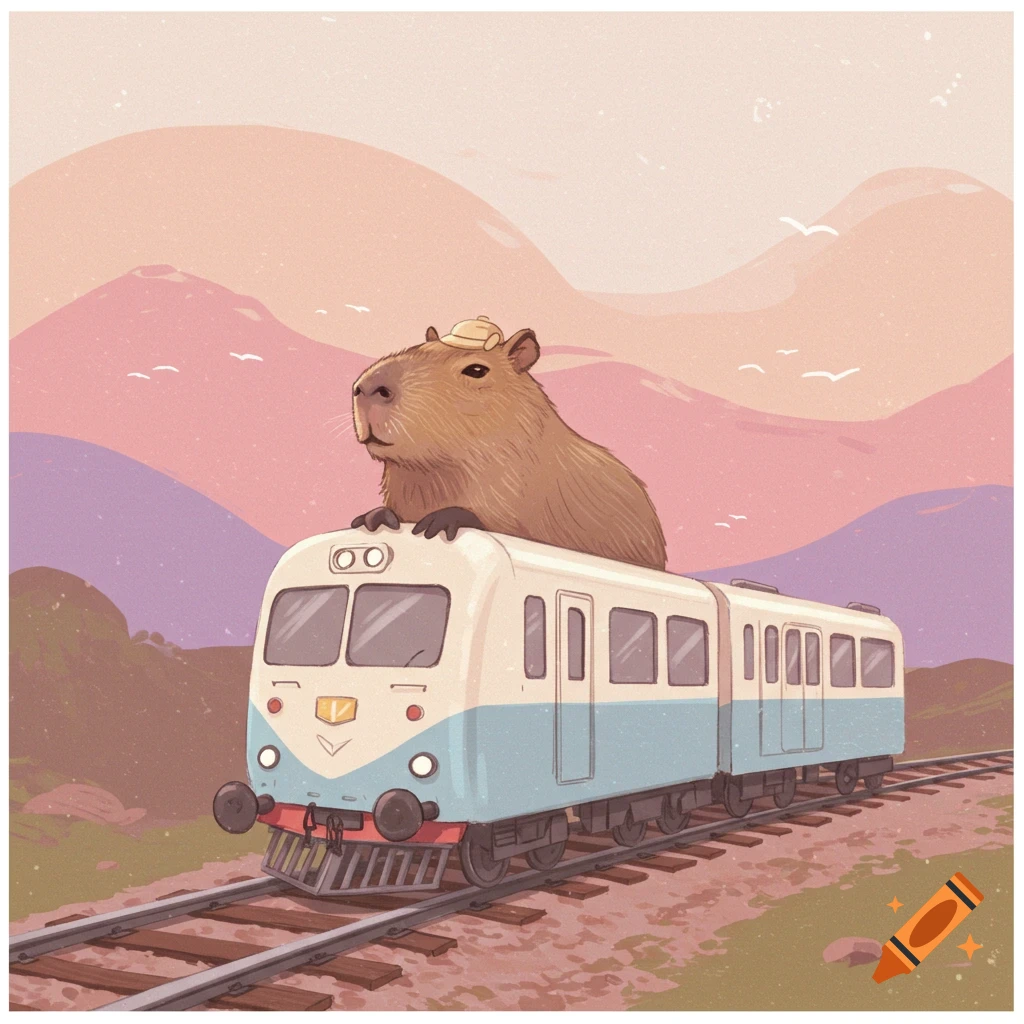 A capybara riding on top of a train car through a pastel mountain landscape.