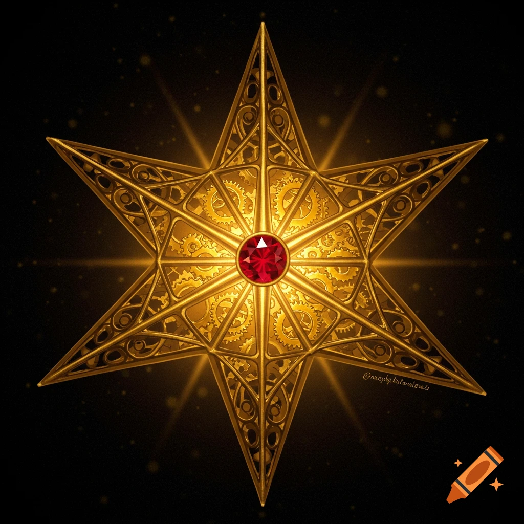 A detailed golden steampunk star with gears, a central ruby, and radiating light effects.