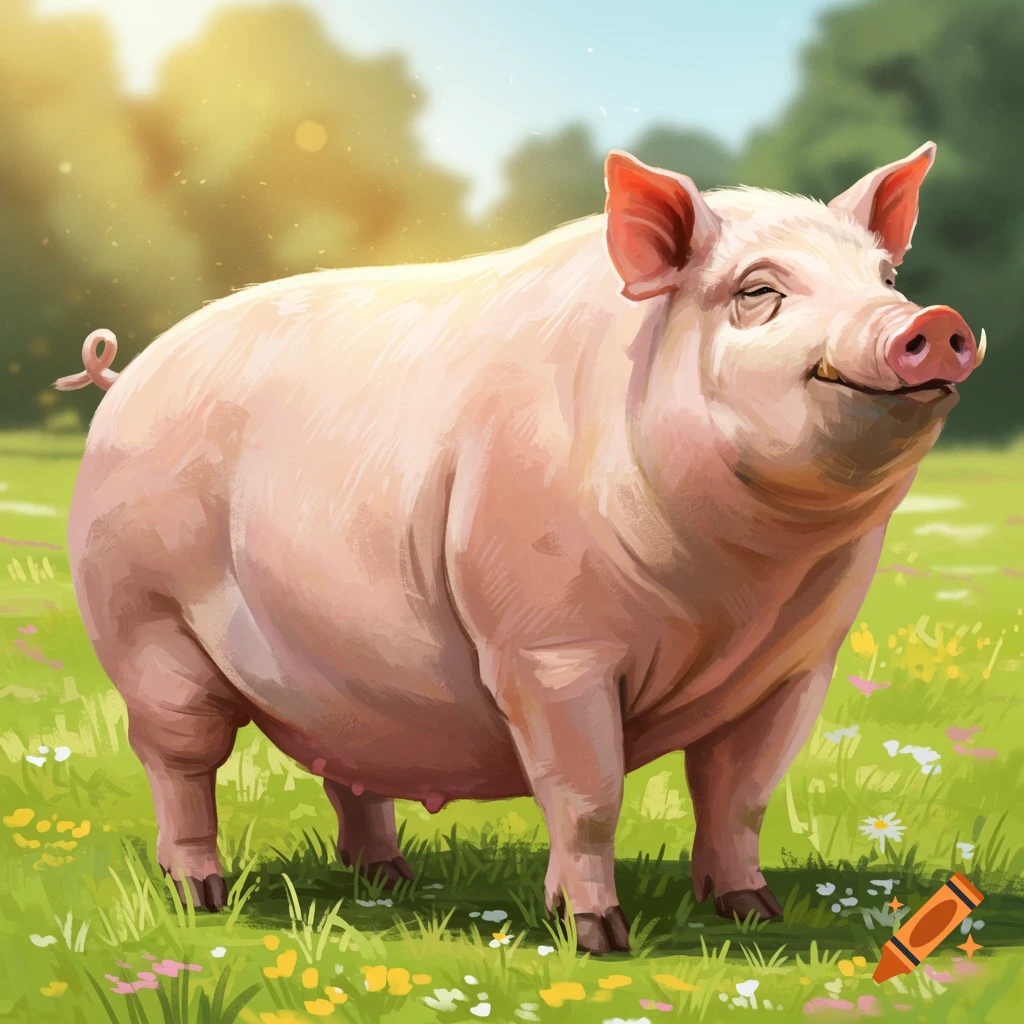 A happy pig stands in a sunny field filled with wildflowers.