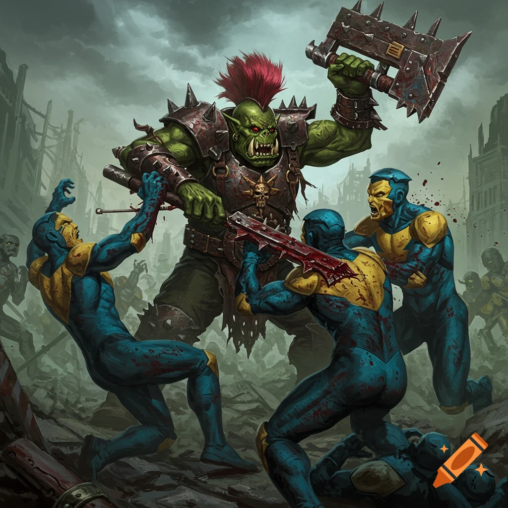 A fantasy illustration of a green ork fighting humanoids in blue and yellow suits in a ruined city.