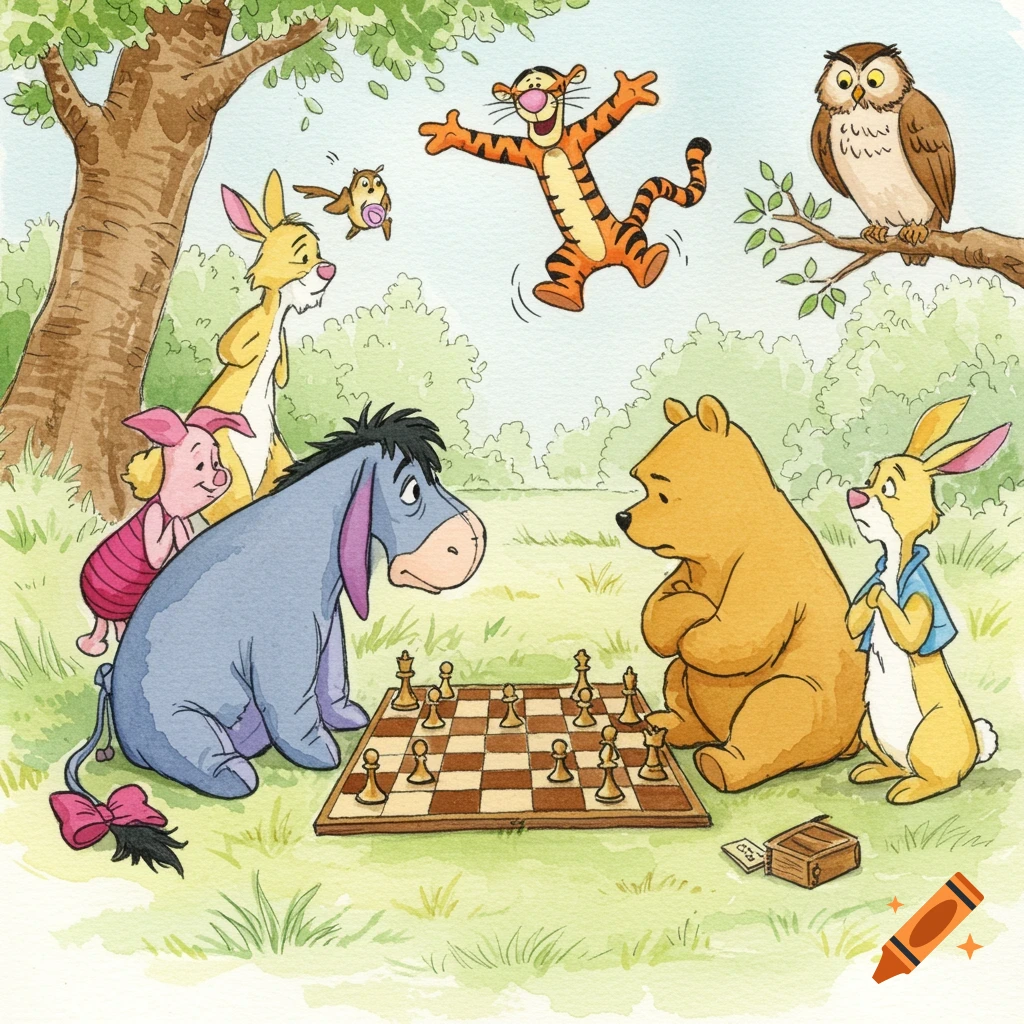 Winnie the Pooh characters Eeyore and Pooh Bear play chess as friends watch in a watercolor illustration.