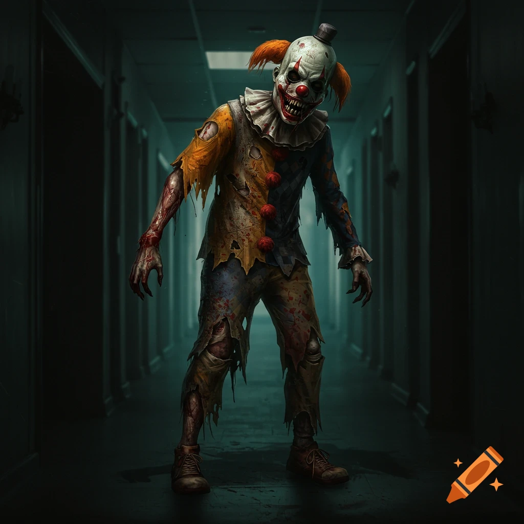 A scary zombie clown is in a dark hallway.