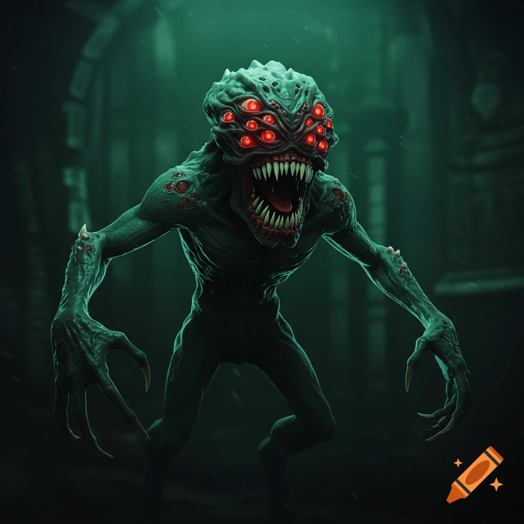 A green monster with multiple red eyes, sharp teeth, and long claws stands in a dark, rainy environment. 3D render.