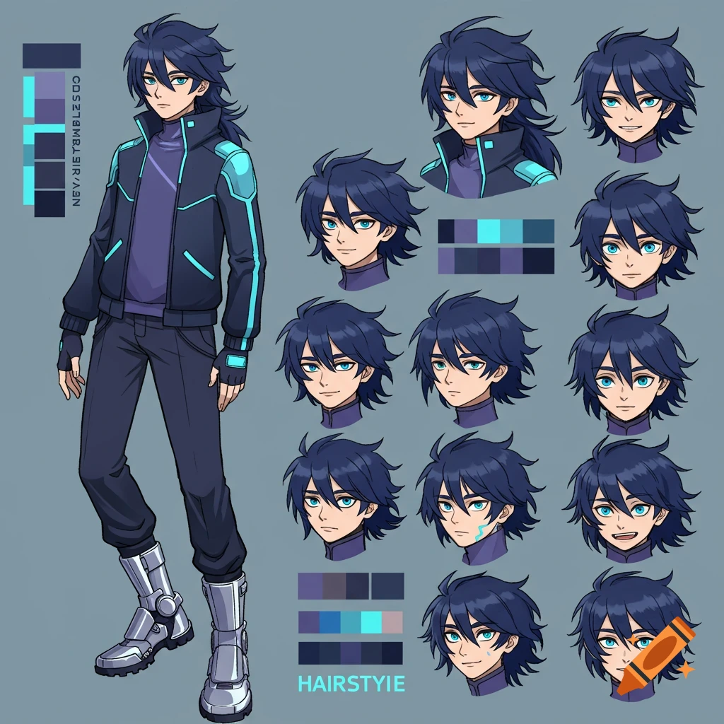 Anime character design sheet of a boy in futuristic clothing with dark hair, showing full body and expressions.