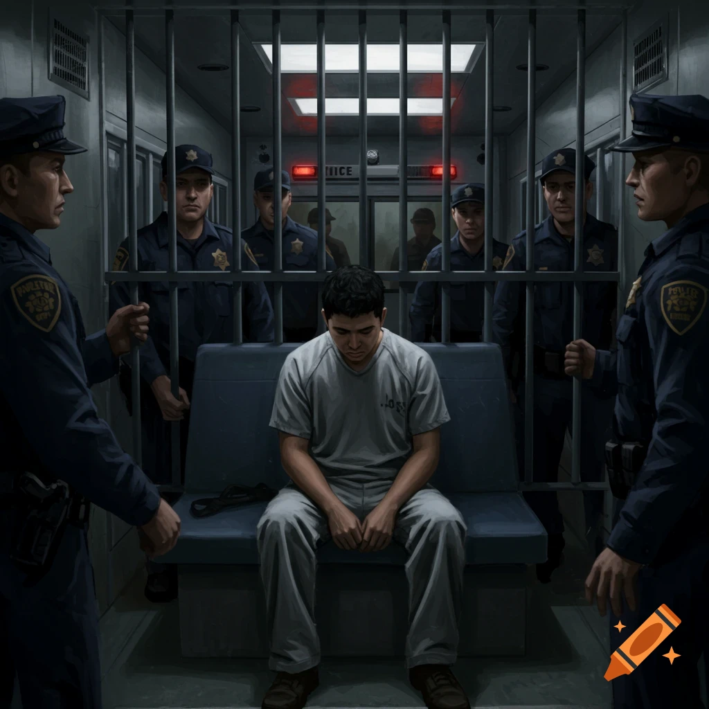 A sad prisoner sitting on a bench in a police transport vehicle, surrounded by police officers.