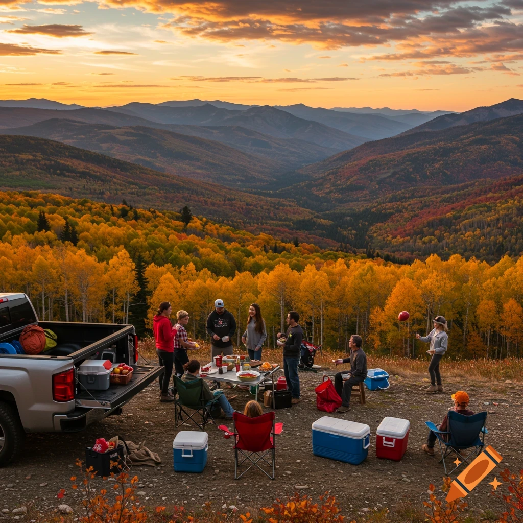 A group has a tailgate party overlooking a valley filled with colorful autumn trees and mountains at sunset.