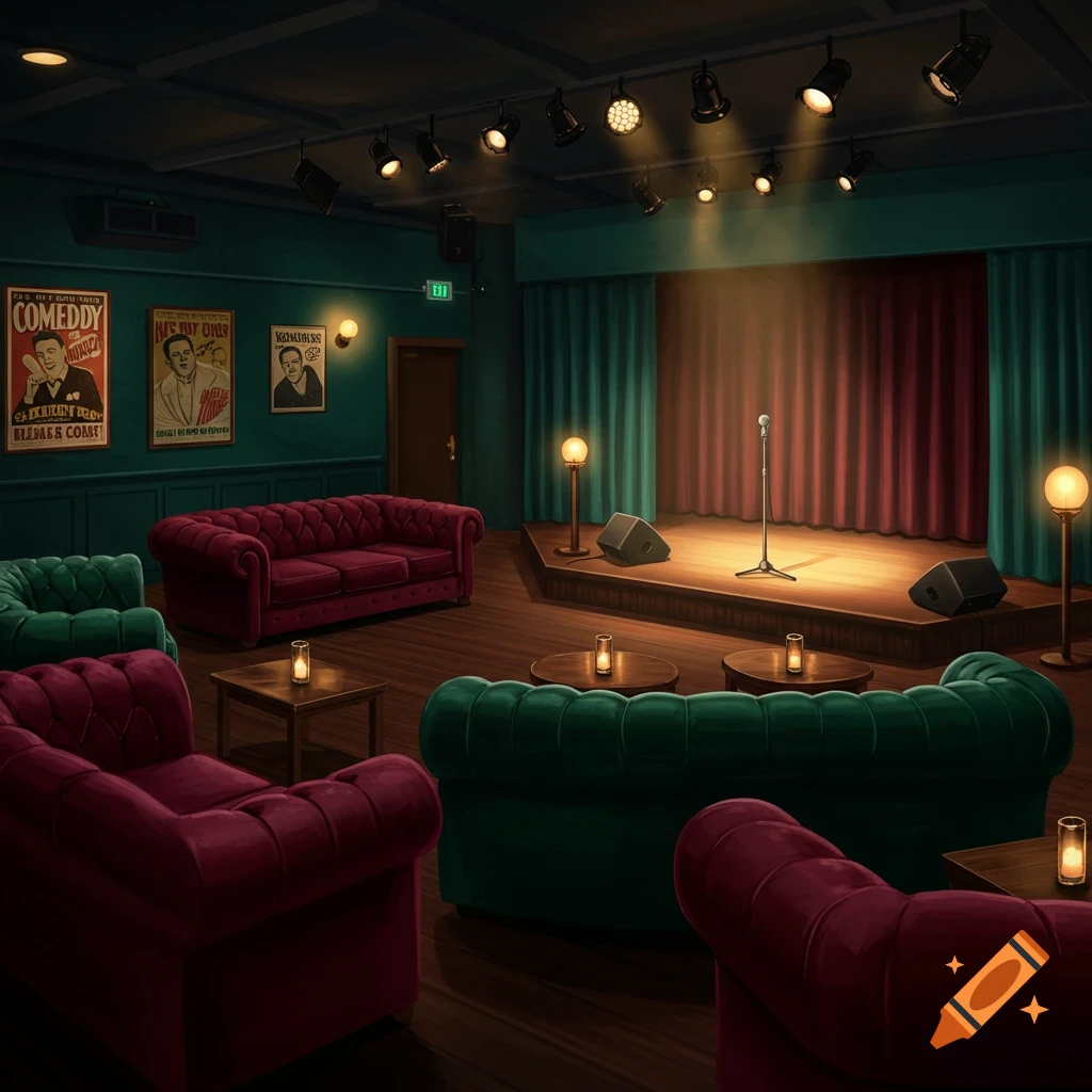 A dimly lit comedy club with a stage, microphone, lighting, and plush red and green couches.