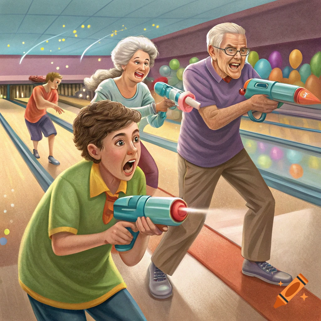 Family playing a game with toy guns in a bowling alley