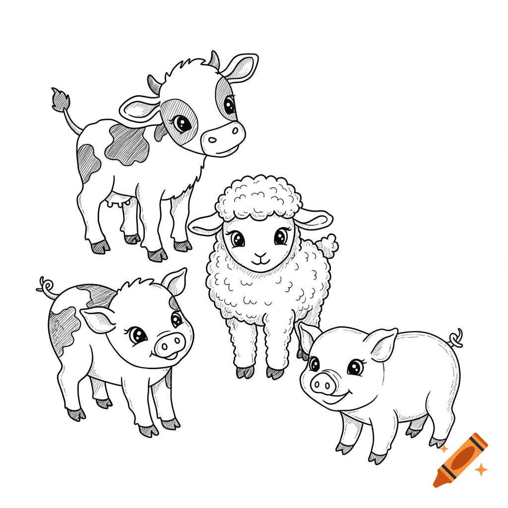 Black and white illustration of baby farm animals: a calf, a lamb, and two piglets.