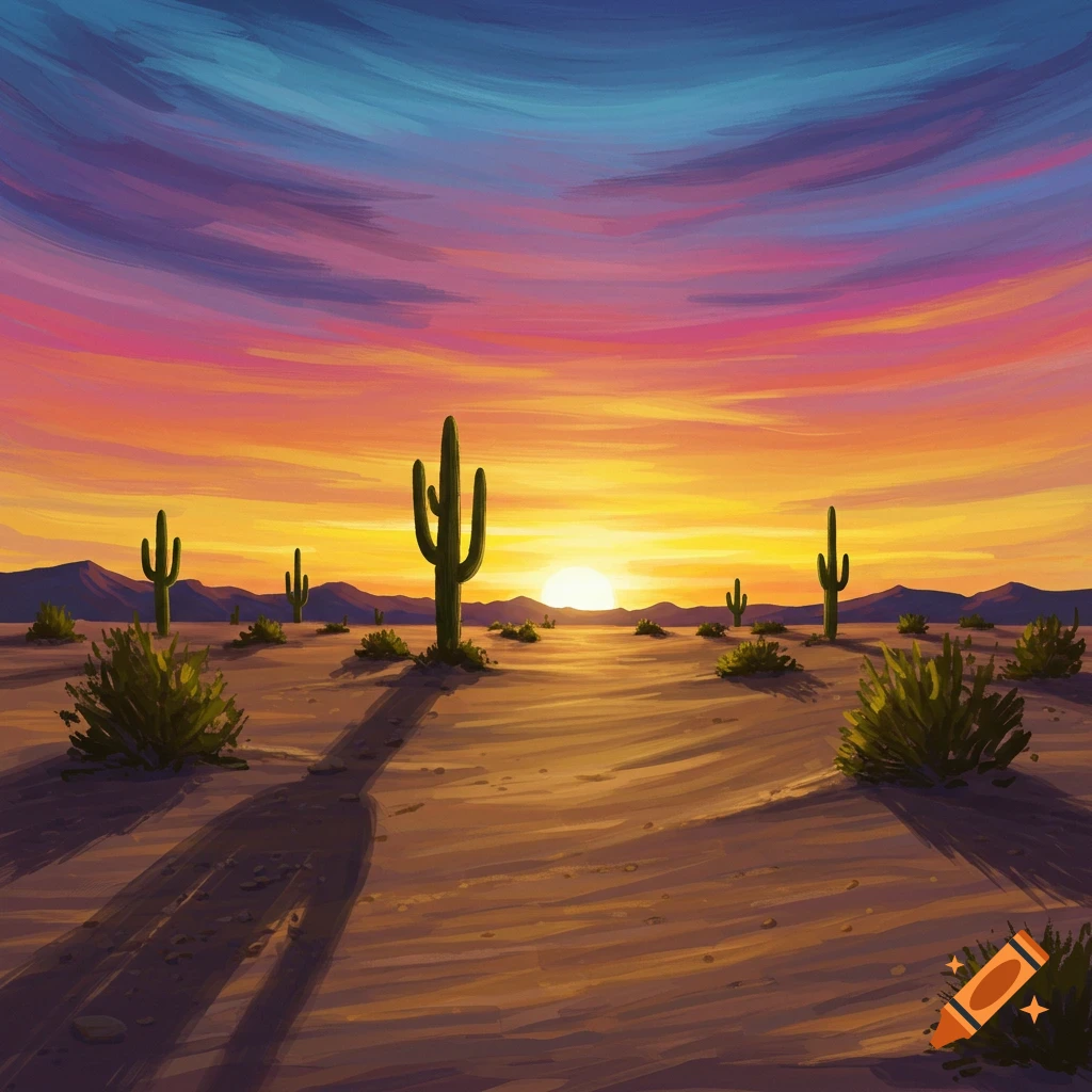 A desert landscape with saguaro cacti at sunset