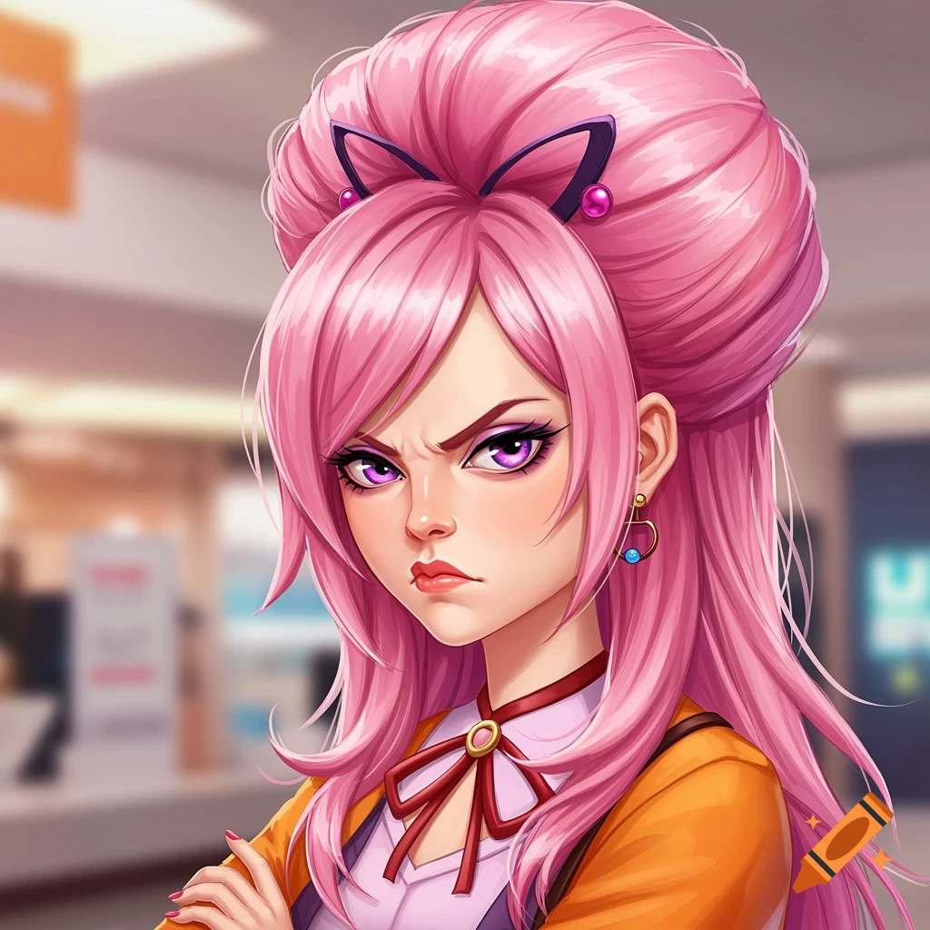 An anime-style woman with pink hair and purple eyes wears yellow and purple clothes and has a stern expression.