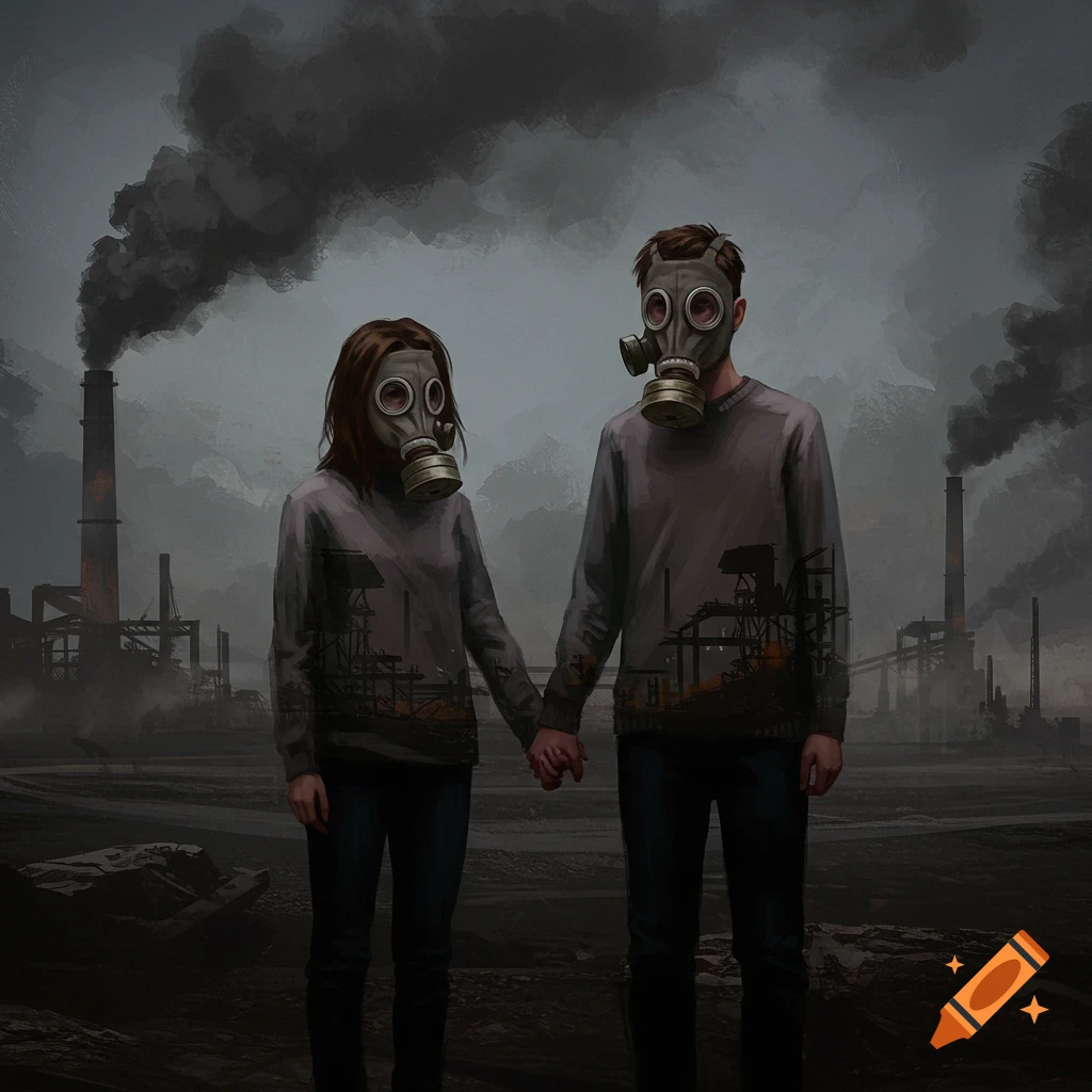 A couple in gas masks holding hands in front of a polluted industrial landscape.