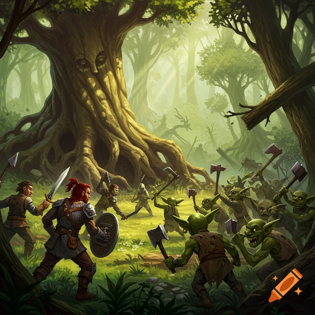 A fantasy battle between humanoids and goblins takes place in a forest near a large faced tree.