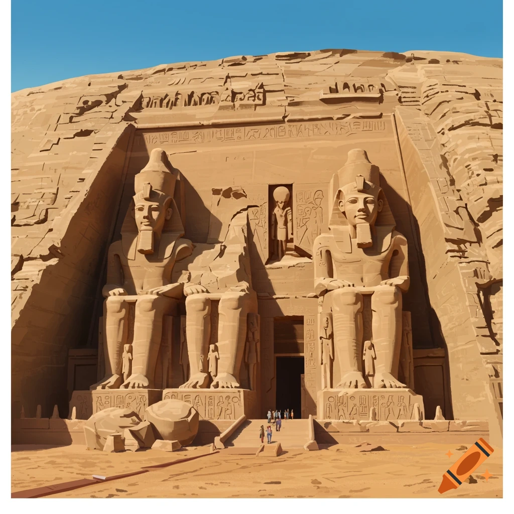The Abu Simbel temple facade with colossal seated statues and carvings.