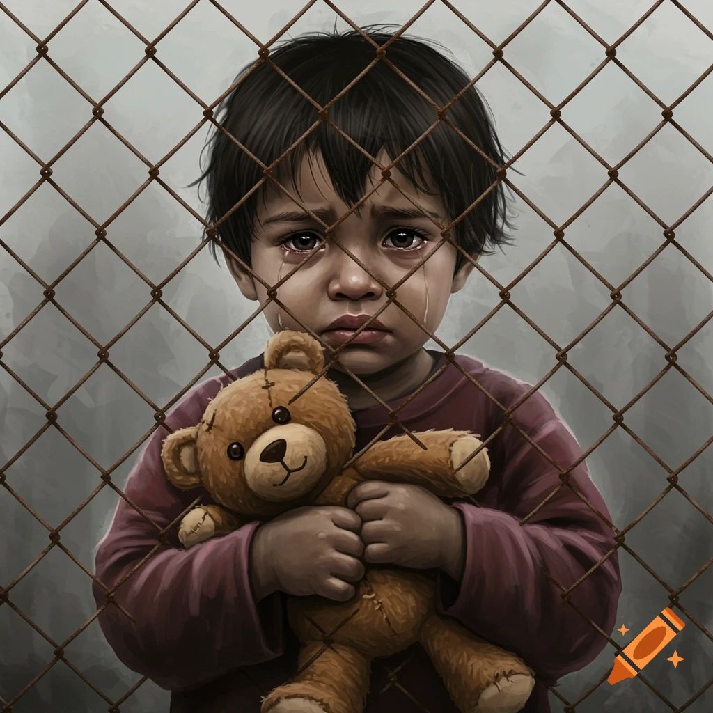 A crying child holds a teddy bear while standing behind a rusty fence.