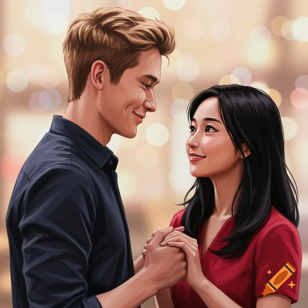 A couple is looking at each other and holding hands with a soft bokeh background.
