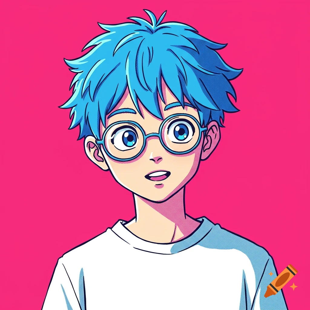 Anime portrait of a boy with blue spiky hair and glasses on a pink background.