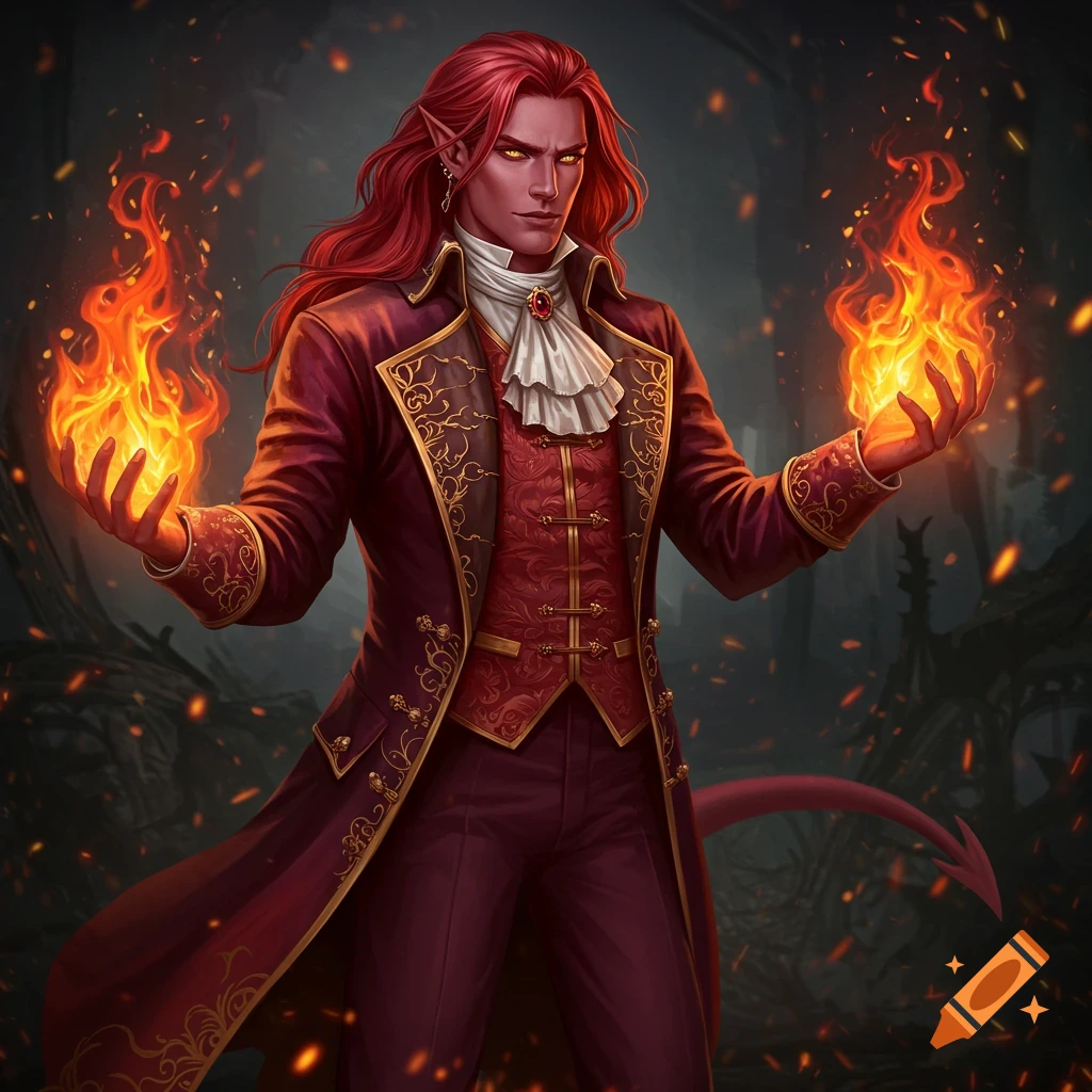 A red-haired male half-demon mage in Victorian clothes holding fire.