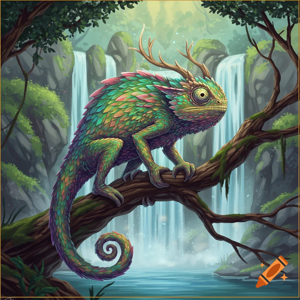 A colorful fantasy chameleon with antlers sits on a branch by a waterfall.