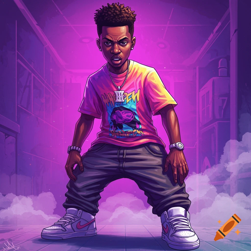 A young person stands in an urban alley bathed in purple light.